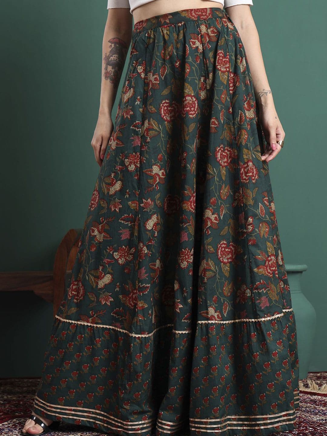 NYPA Women Floral Printed Cotton Flared Maxi Skirts - view 1