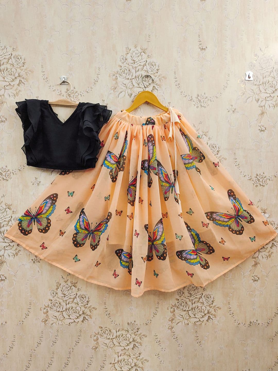 JOVK DESIGN Girls Peach Printed Short Sleeves Lehenga & choli - view 1