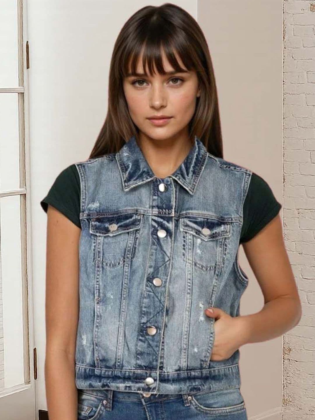 Kotty Women Spread Collar Solid Denim Jacket - view 1