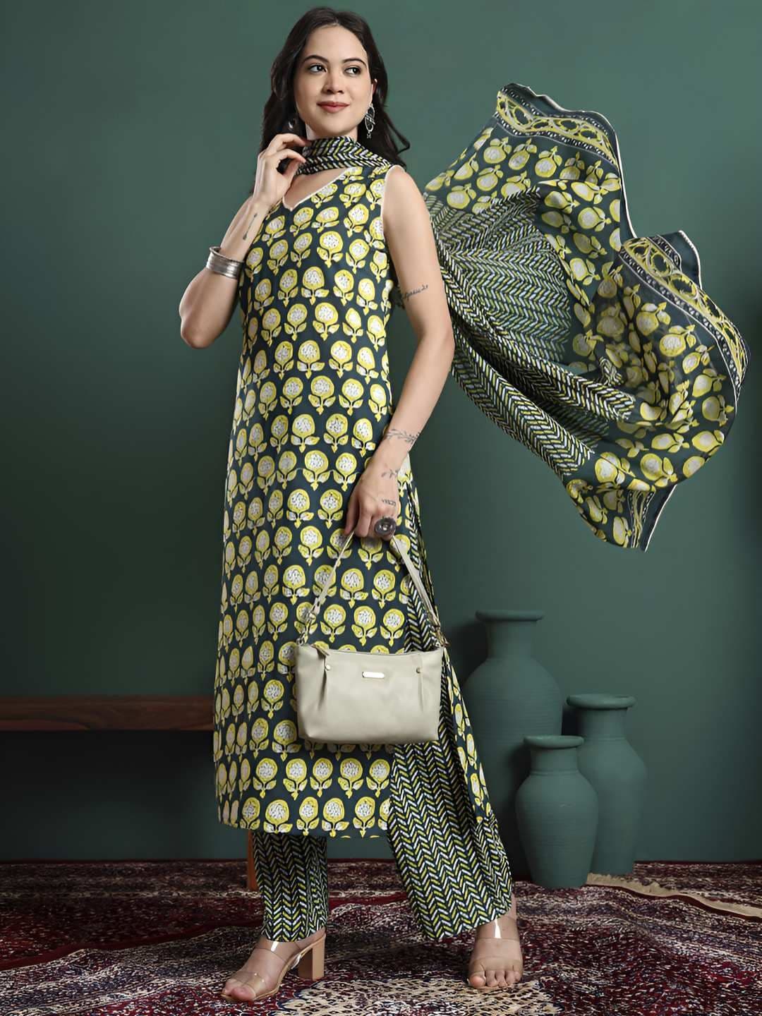 NYPA Women Floral Printed Regular Pure Cotton Kurta with Trousers & Dupatta - view 1