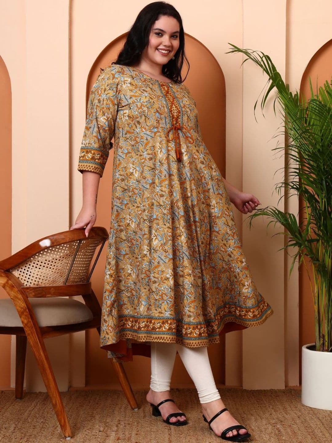 KALINI Women Beige Polyester Round Neck Anarkali Kurtas - view 1