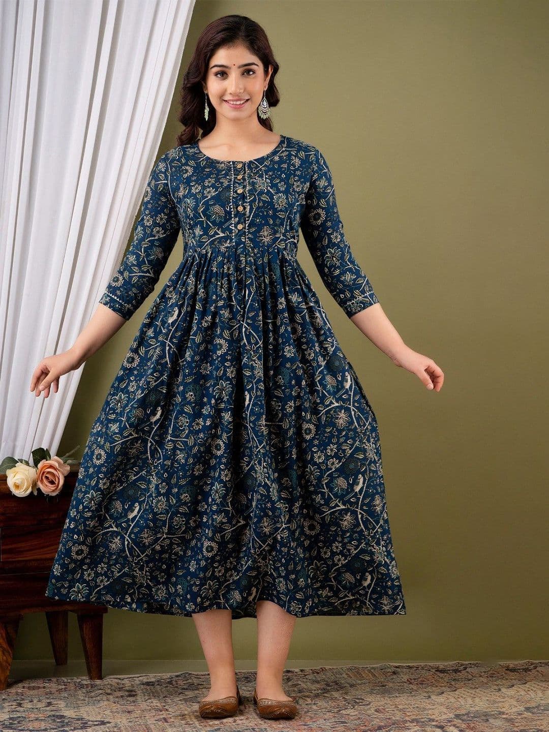 FASHION SWAG Floral Printed Round-Neck Cotton A-Line Maternity Ethnic Dress - view 1