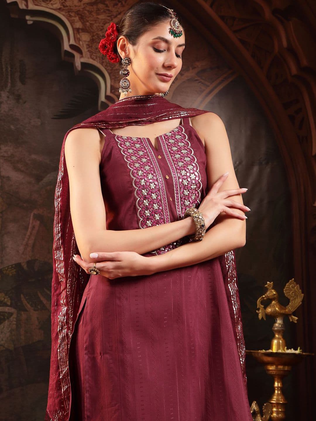 Stylum Floral Woven Design Notch Neck Shoulder Straps Kurta With Palazzos & Dupatta - view 1