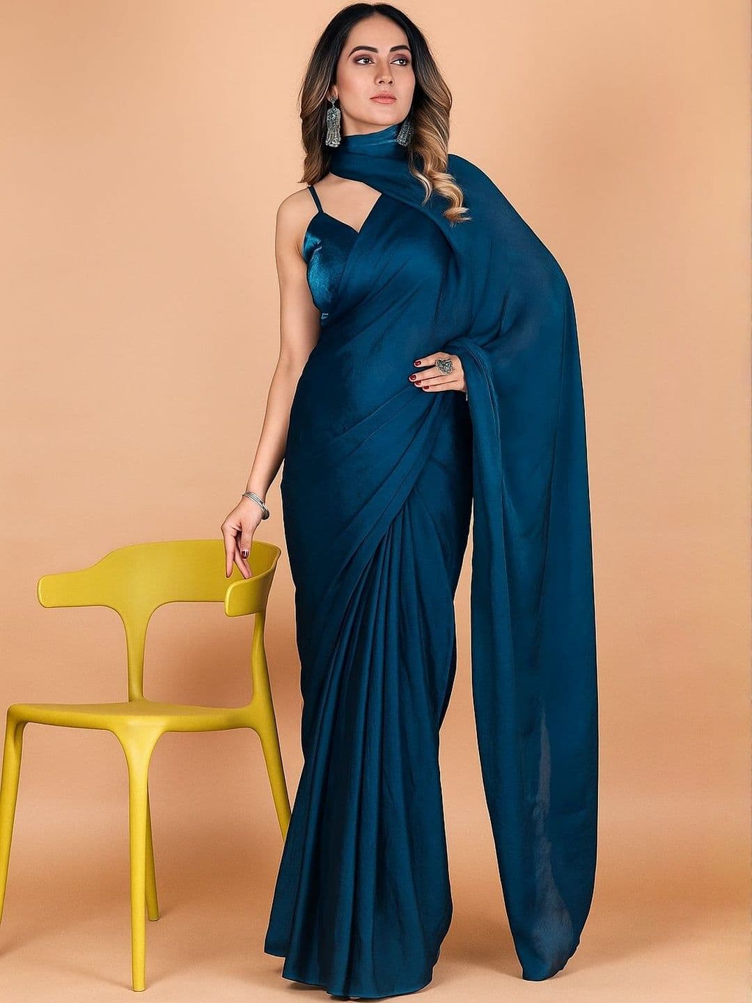 IRSIA Women Blue Solid Satin Saree - view 1