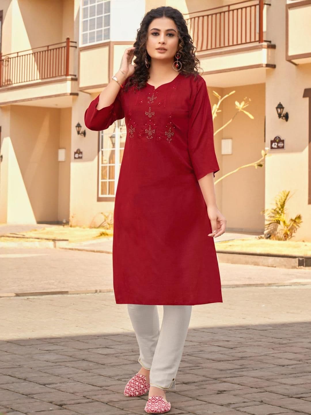 RR SA KURTIS Women Maroon Embroidered Rayon Kurta - view 1