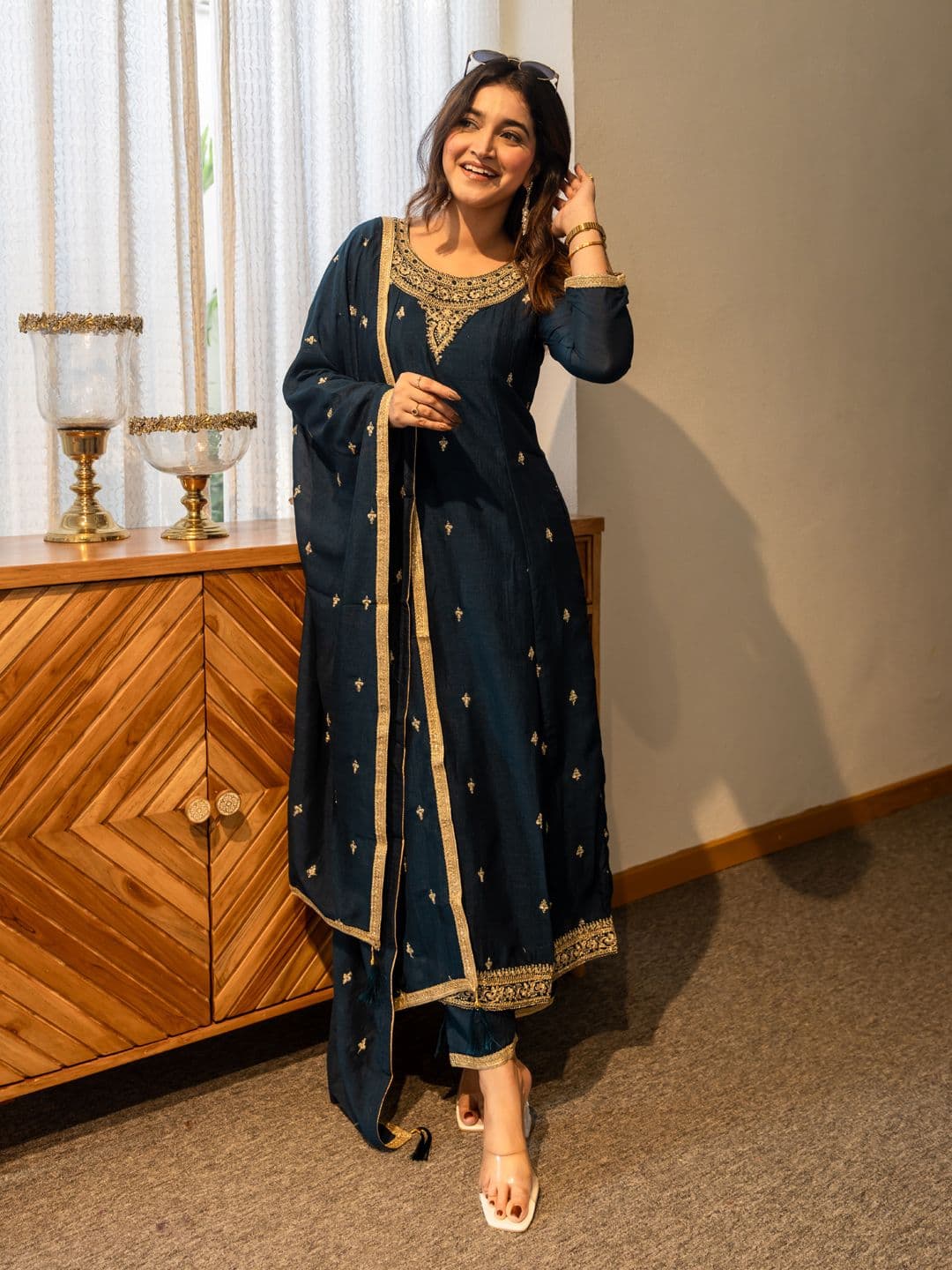 VredeVogel Women Ethnic Motifs Embroidered Anarkali Kurta with Trousers & Dupatta - view 1