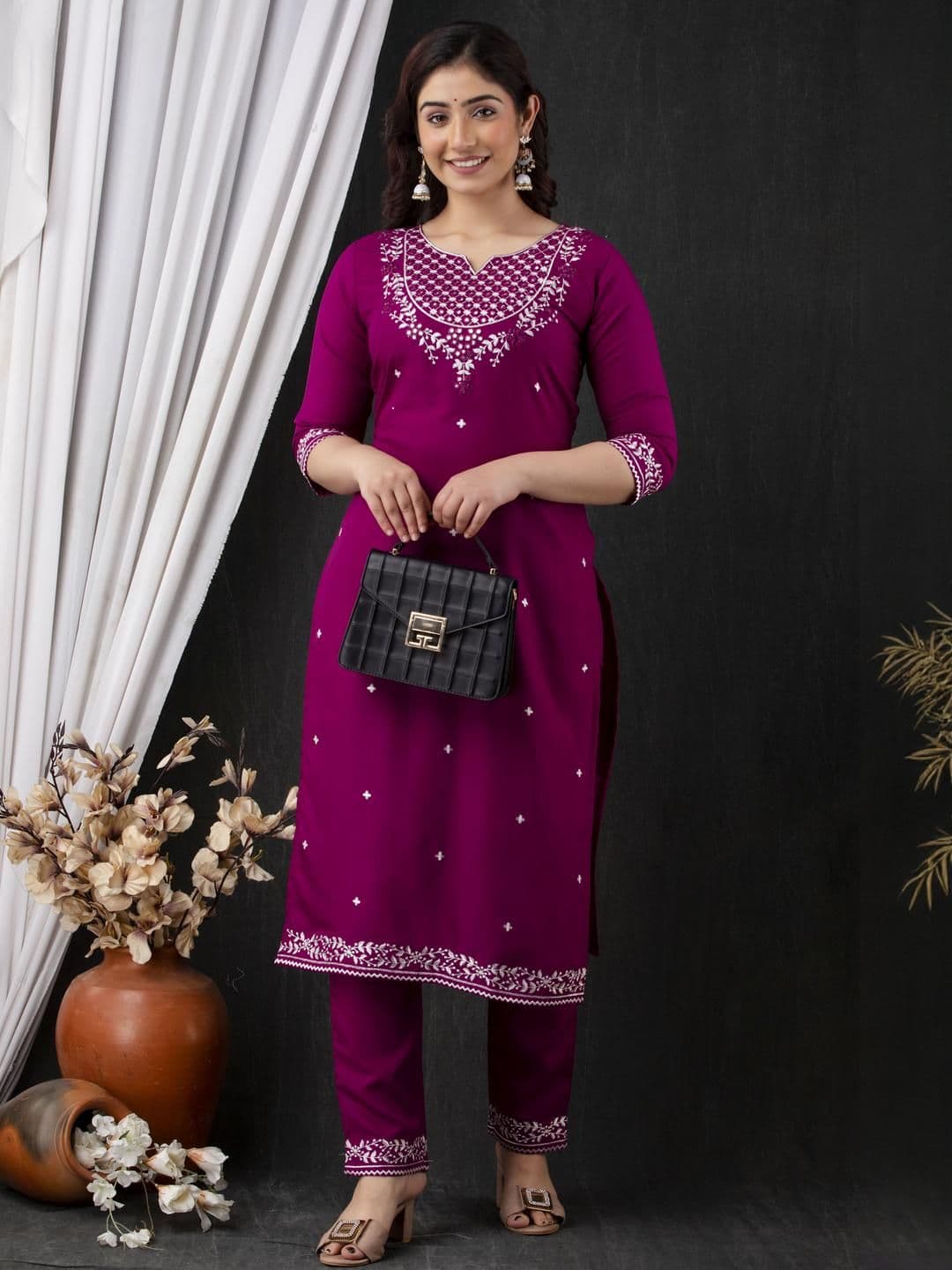 KRISKA Women Magenta & White Viscose Rayon Embroidered Kurta set - view 1