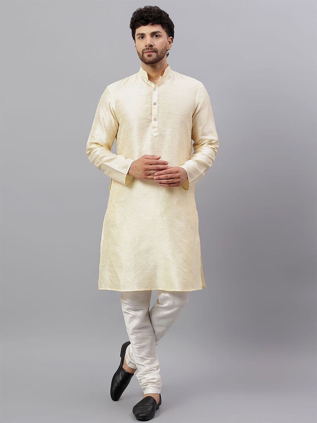 Latest Chikan Garments Men Mandarin Collar Pastels Jacquard Kurta - view 1