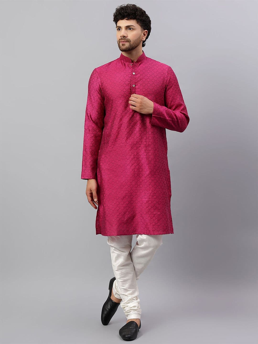 Latest Chikan Garments Self Design Mandarin Collar Pastels Jacquard Silk Kurta - view 1