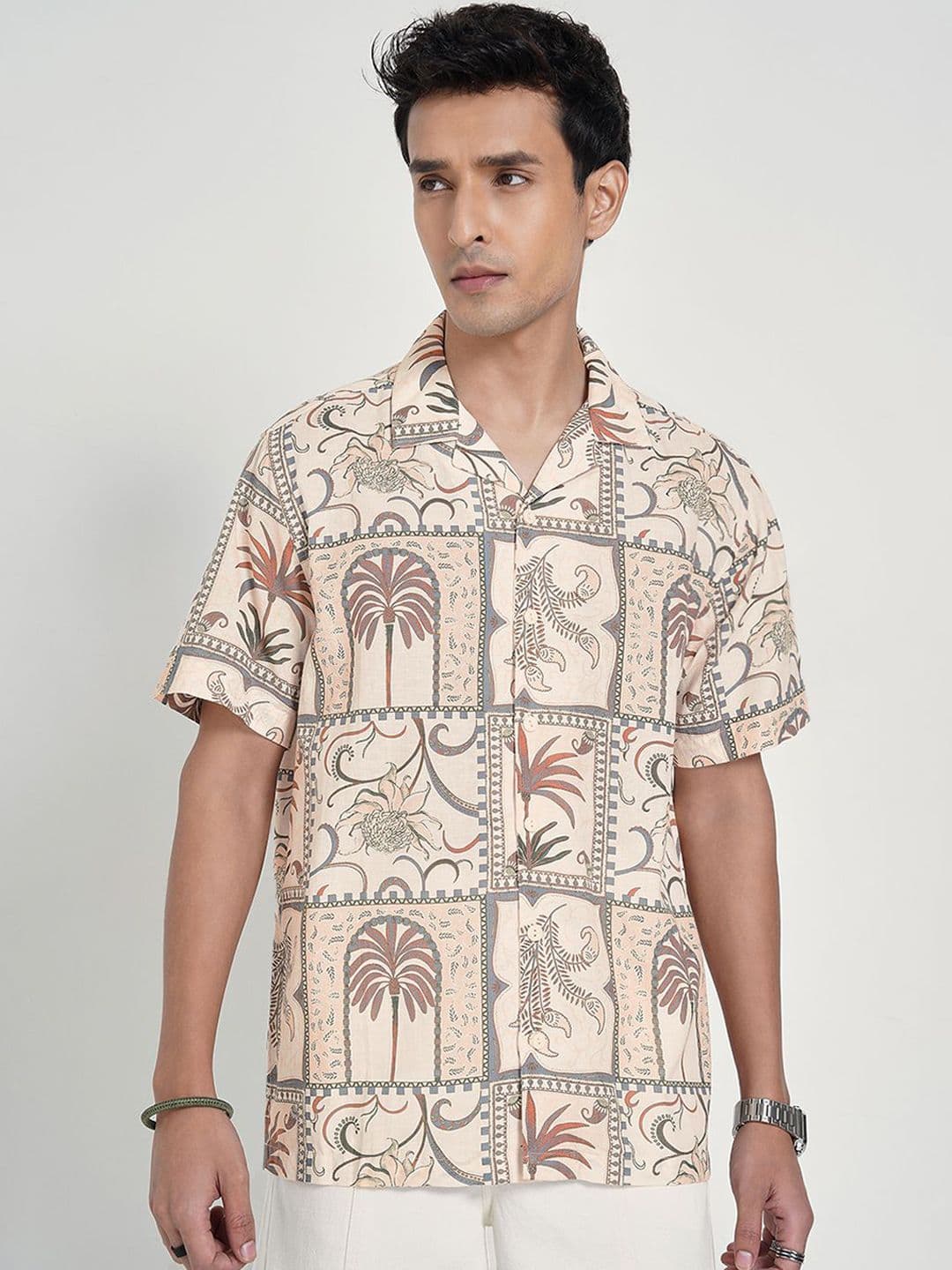 People Relaxed Fit Floral Printed Spread Collar Cotton Linen Casual Shirt - view 1