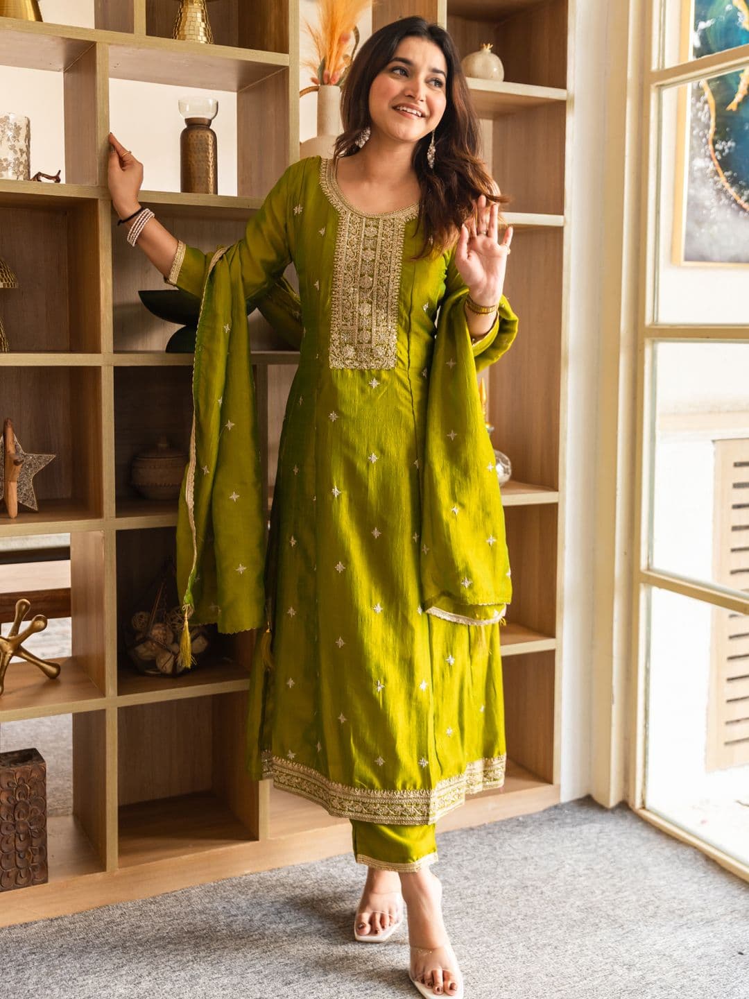 VredeVogel Floral Embroidered Sequinned Anarkali Kurta with Trousers & Dupatta - view 1