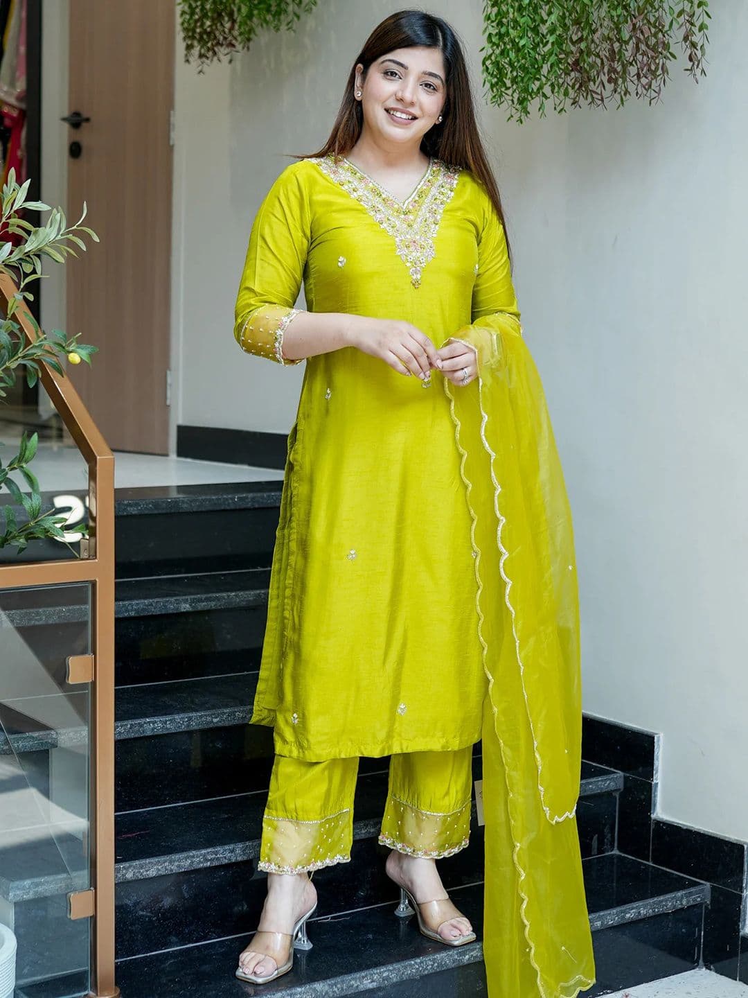 Moda Rapido Floral Embroidered Sequinned Chanderi Silk Kurta with Trousers & Dupatta - view 1