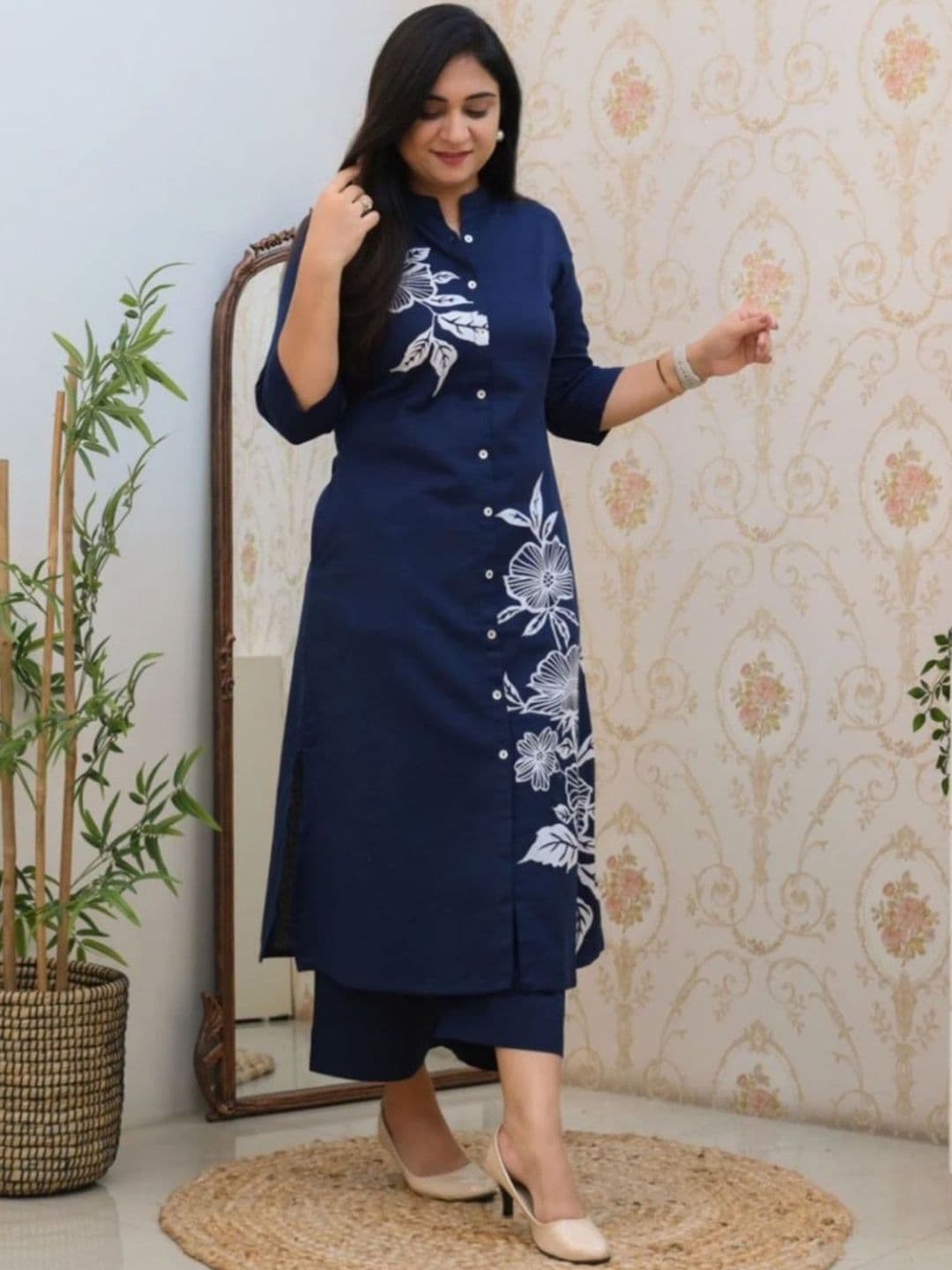 ZELA Floral Printed Mandarin Collar A-Line Kurta With Palazzos - view 1