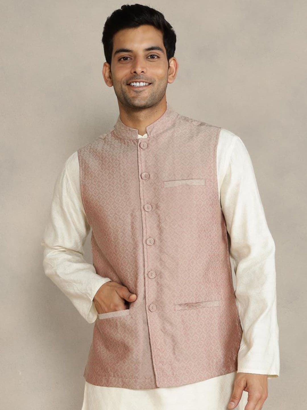 Fabindia Woven Design Comfort-Fit Nehru Jacket - view 1