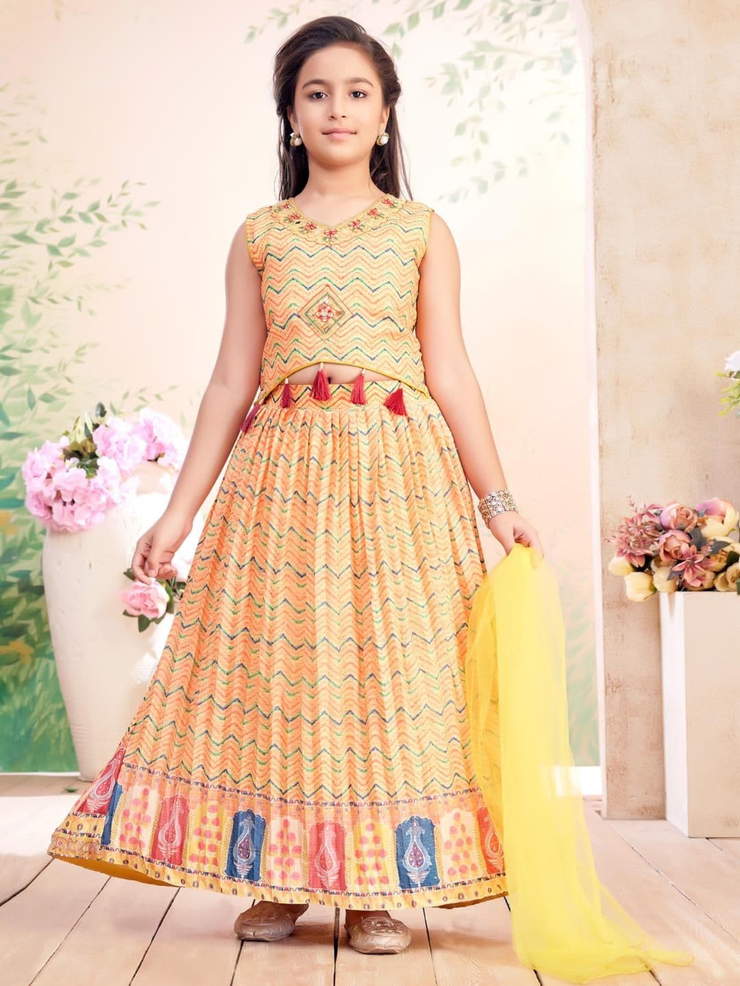 Sangria Girls Printed Mirror Work Ready to Wear Lehenga With Blouse And Dupatta - view 1