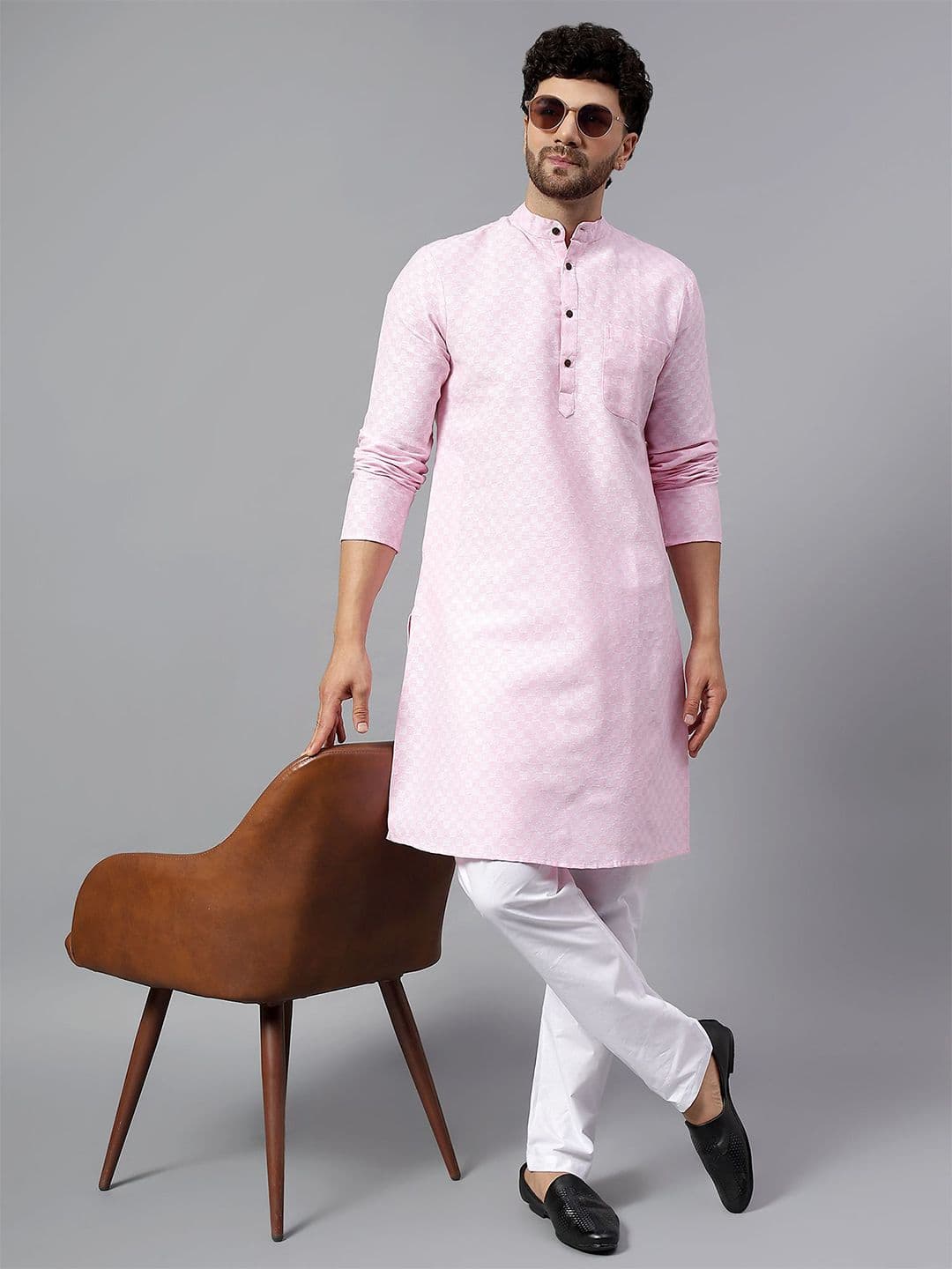 Latest Chikan Garments Men Checked Pastels Mandarin Collar Dobby Kurta - view 1