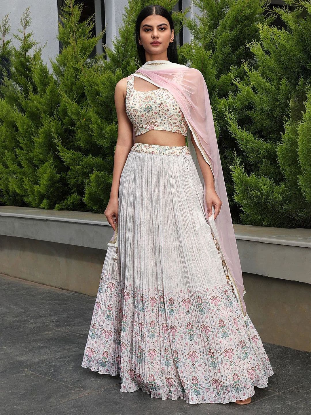 ETHNIC PLUS Embroidered Zari Sequinned Printed Silk Lehenga Choli With Dupatta - view 1