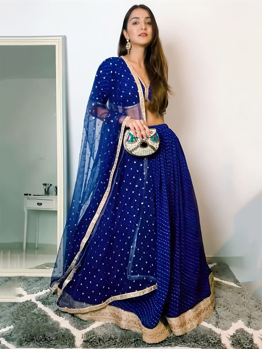 ETHNIC PLUS Blue Embellished Semi-Stitched Georgette Lehenga With Unstitched Blouse & Dupatta - view 1