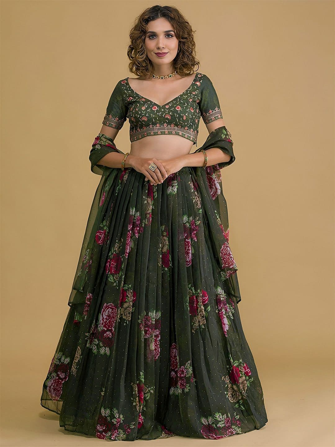 ETHNIC PLUS Green Embroidered Semi-Stitched Organza Lehenga With Unstitched Blouse & Dupatta - view 1