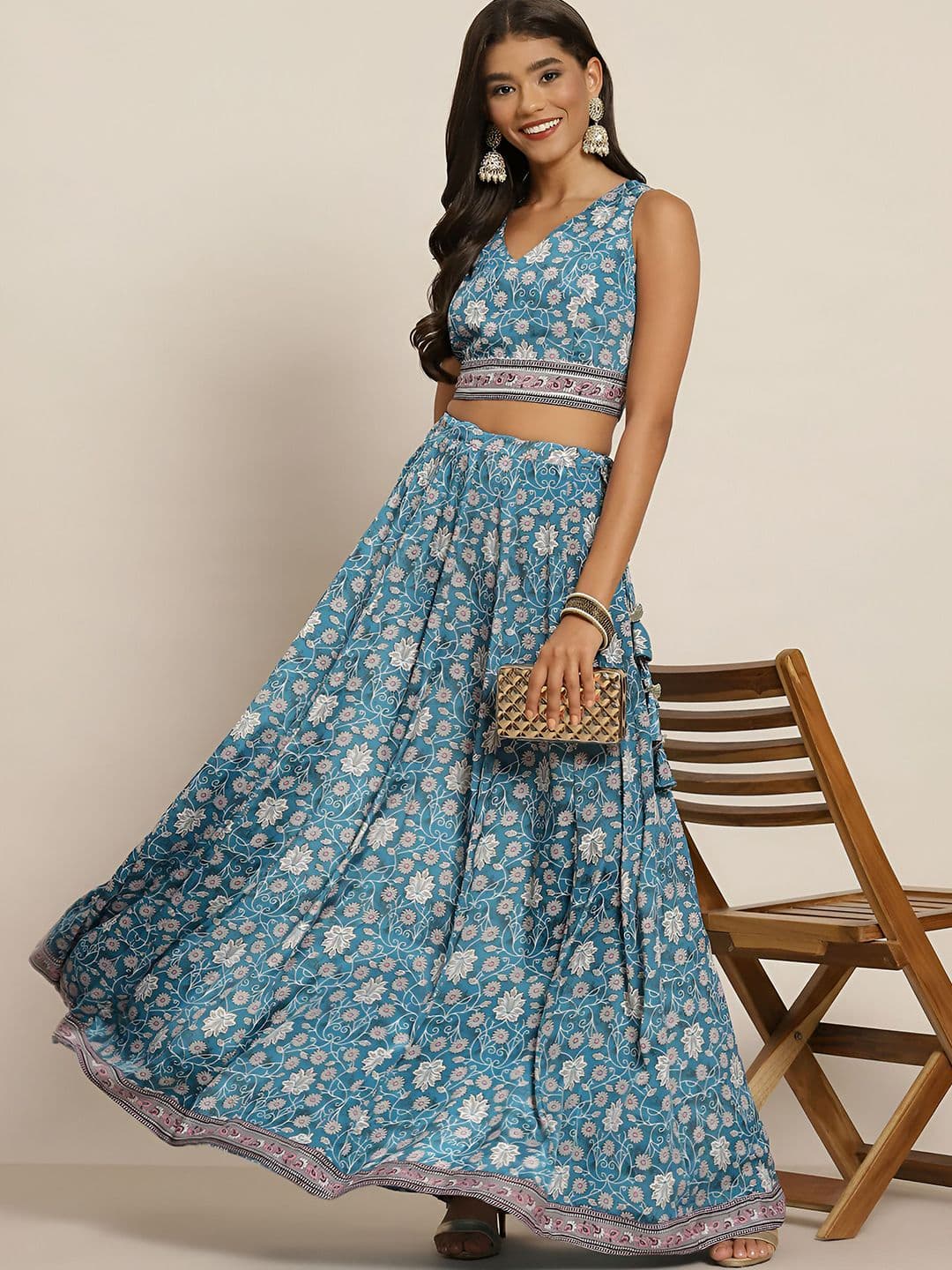 Kaizen TEXO FAB Floral Printed V-Neck Semi-Stitched Lehenga & Unstitched Choli - view 1