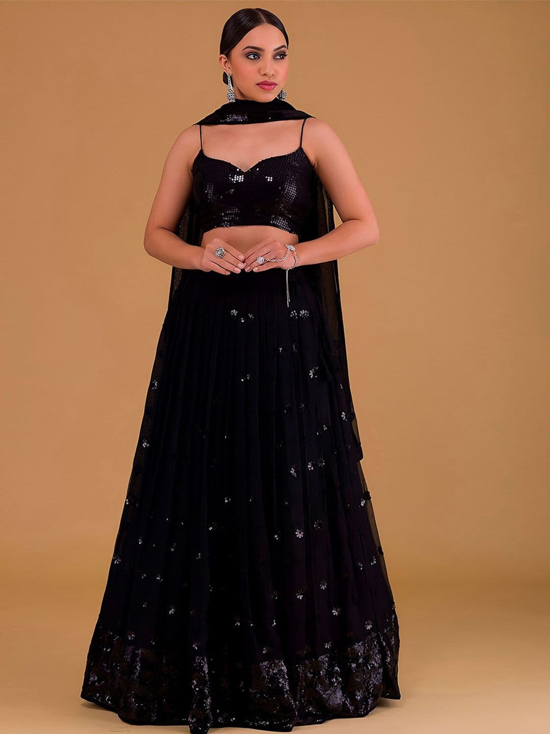 ETHNIC PLUS Black Embellished Semi-Stitched Georgette Lehenga With Unstitched Blouse & Dupatta - view 1