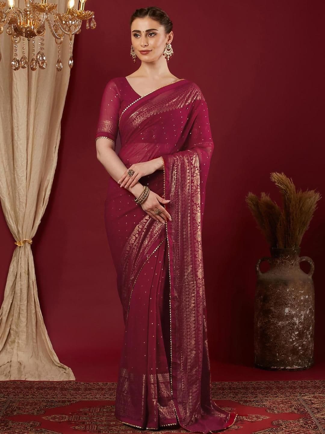 HERE&NOW Ethnic Motif Woven Design Gotta Patti Pure Georgette Tussar Saree - view 1