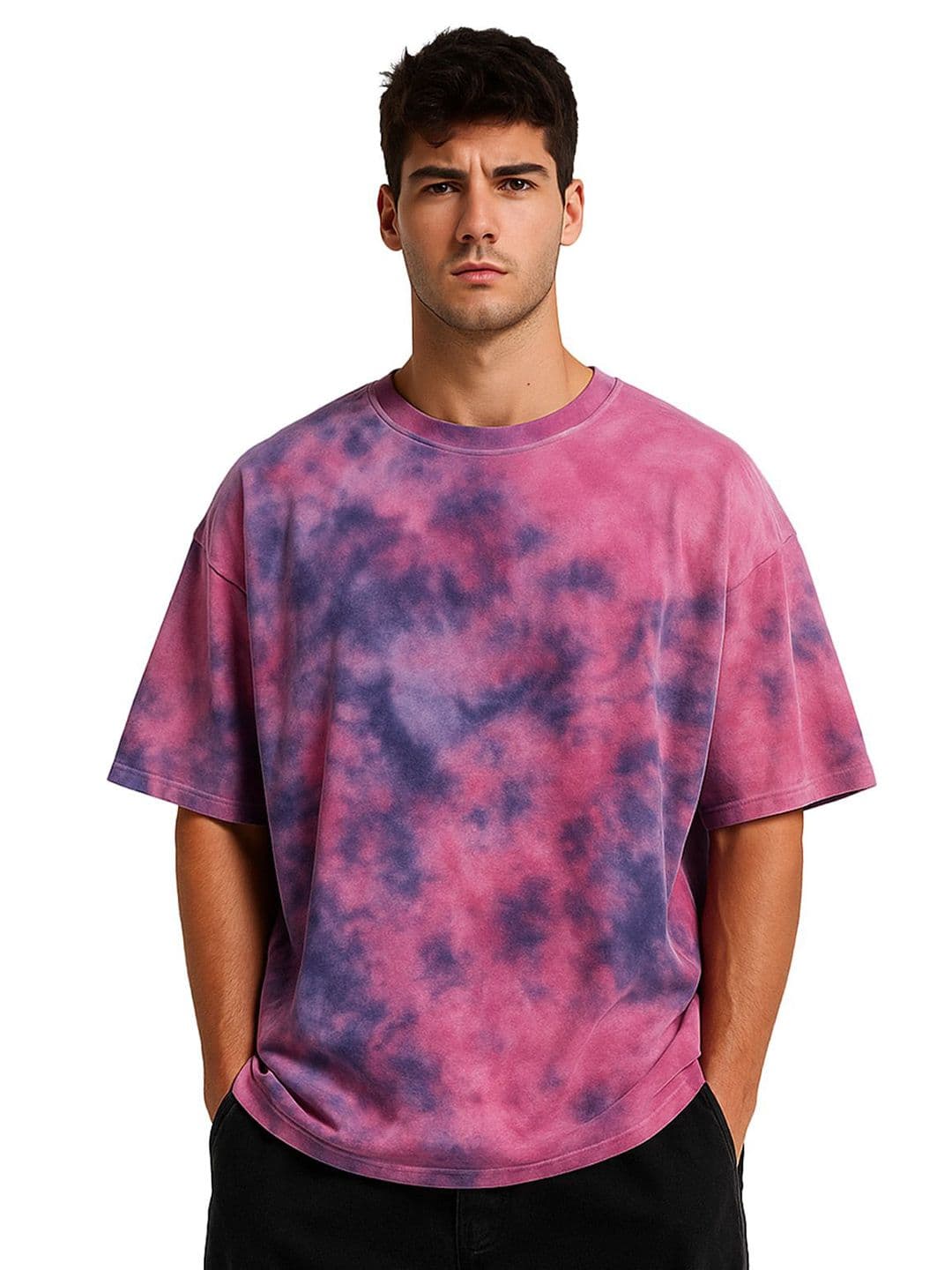 VEIRDO Men Dyed Round Neck Cotton Oversized T-shirt - view 1