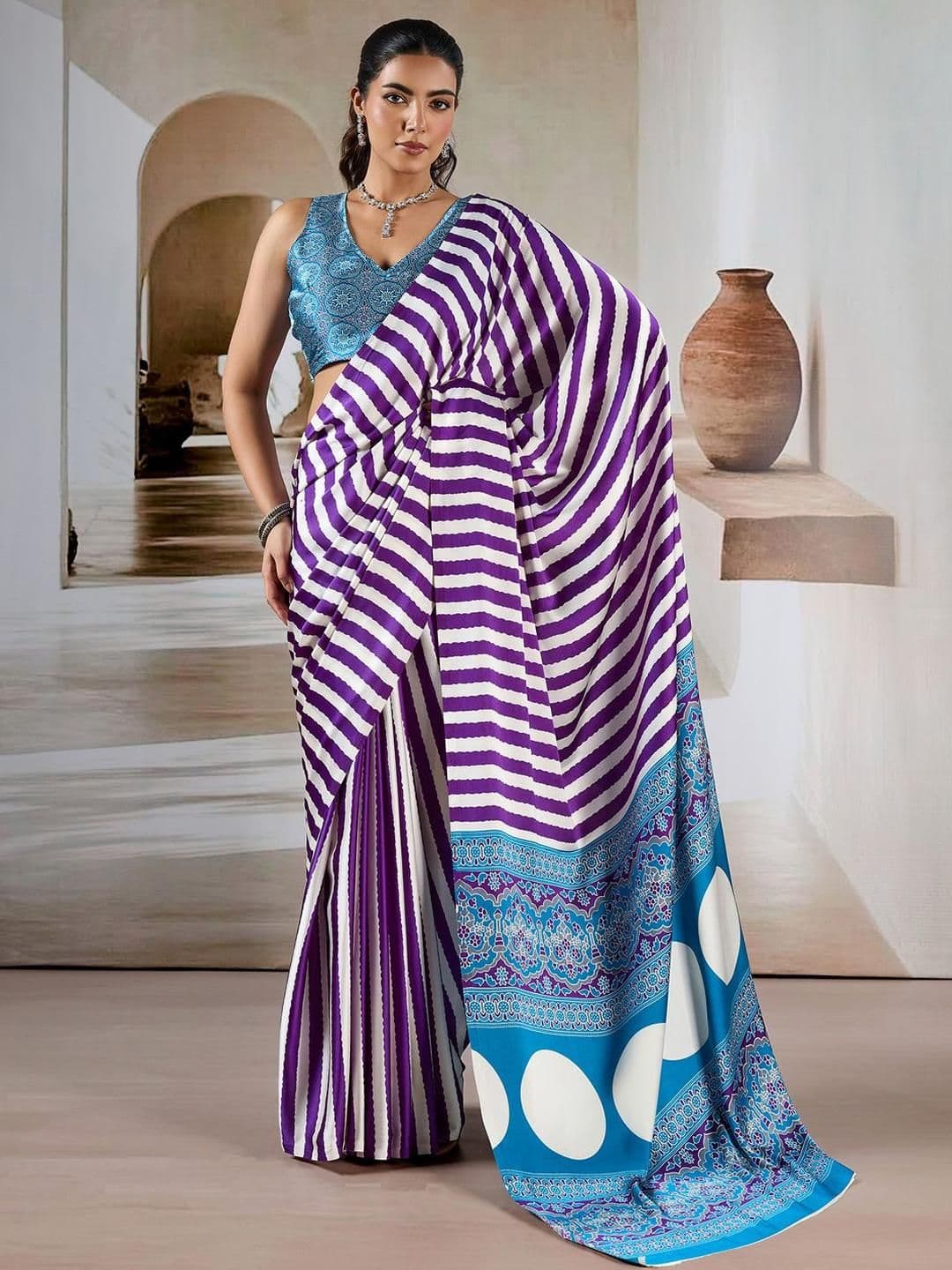 all about you Striped Satin Saree With Blouse - view 1