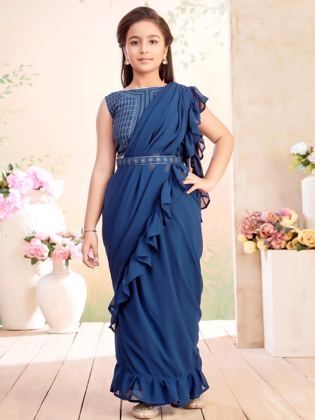 Muhuratam Girls Teal Blue Embroidered Georgette Lehenga Blouse & Saree With Dupatta - view 1