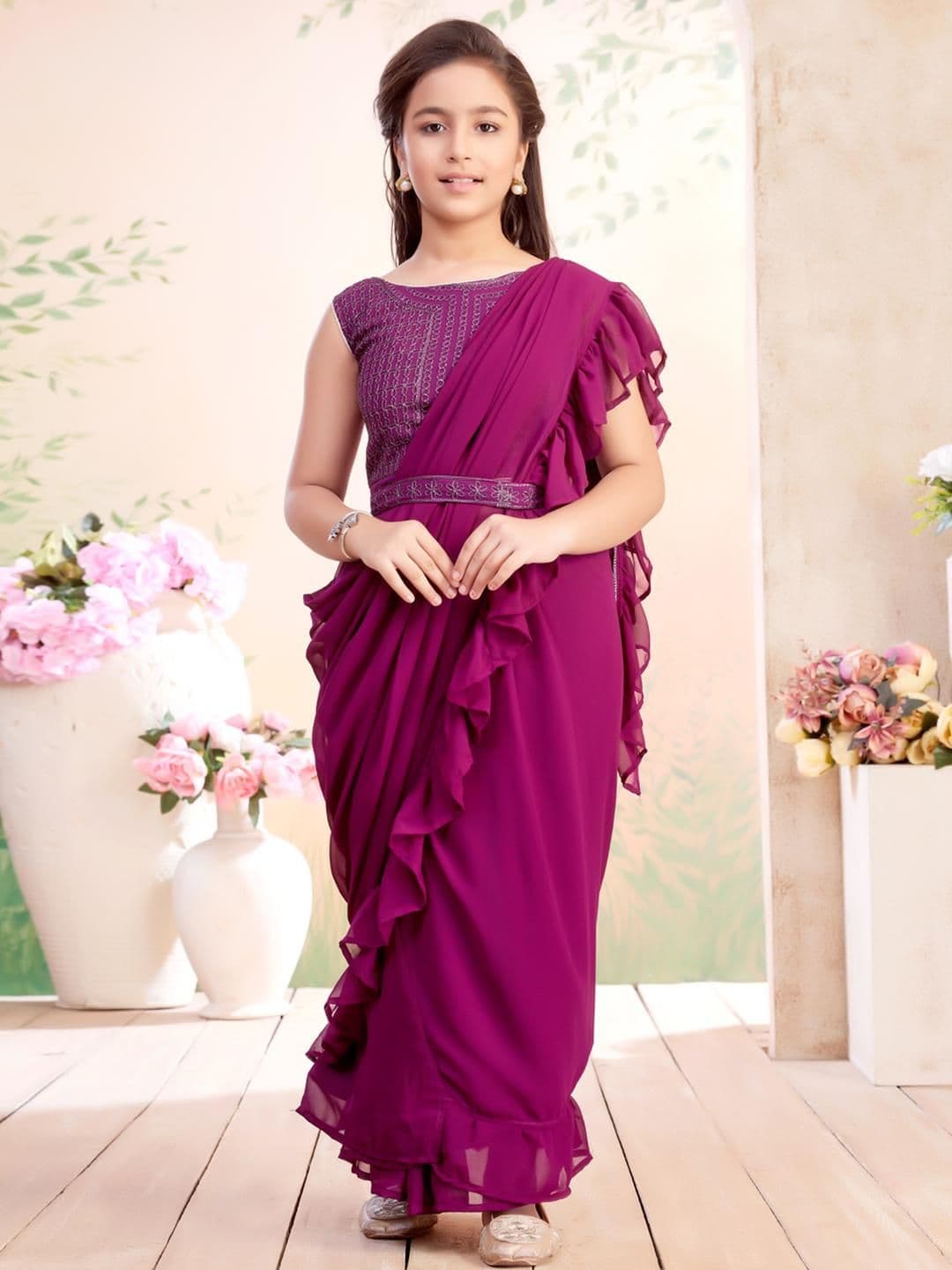 Muhuratam Girls Wine Threat Embroidery Georgette Lehenga Saree With Attachable Dupatta - view 1