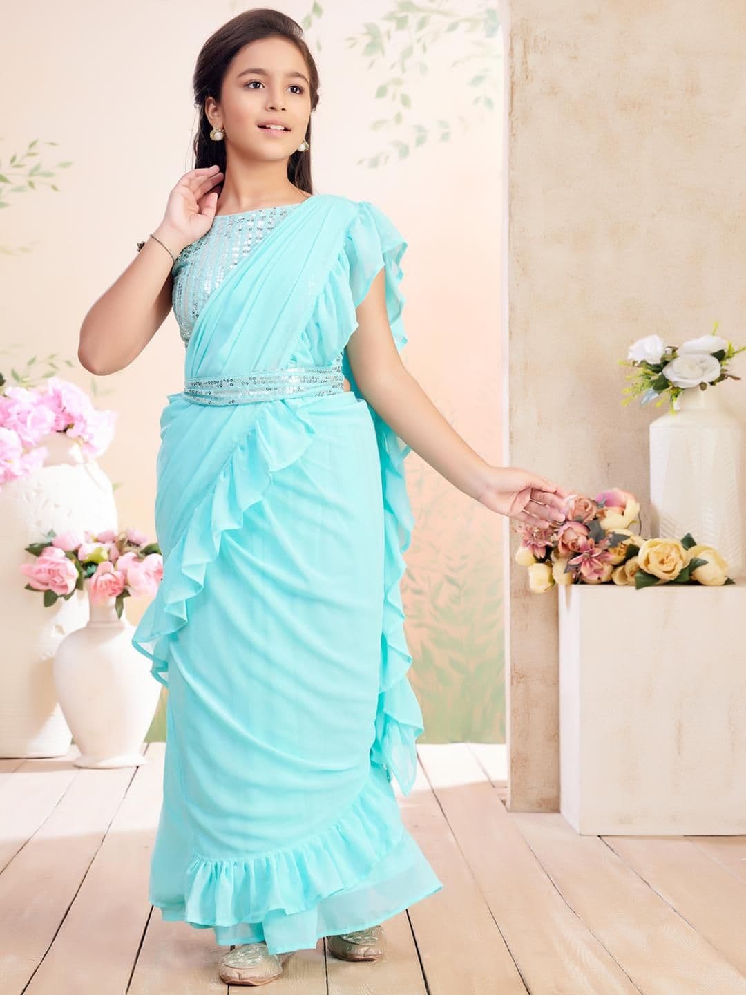 Muhuratam Girls Silk Georgette Embellished Ready to Wear Lehenga & Blouse - view 1