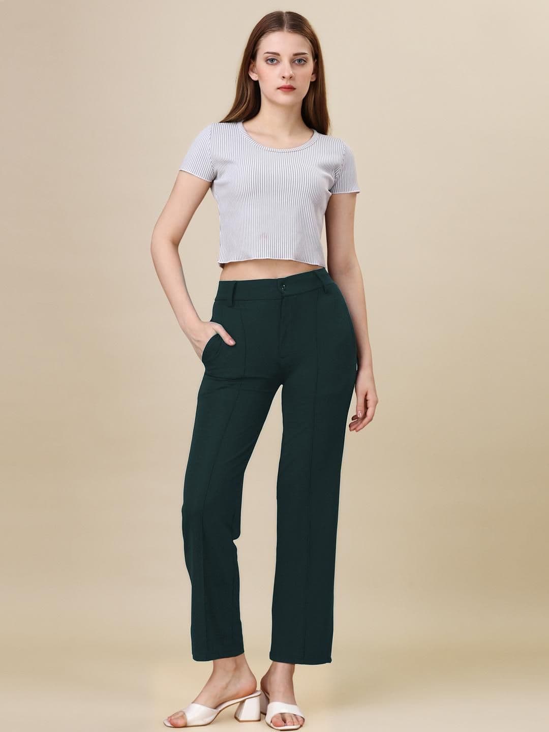 Moda Rapido Women Green Solid High-Rise Pleated Polyester Trouser - view 1