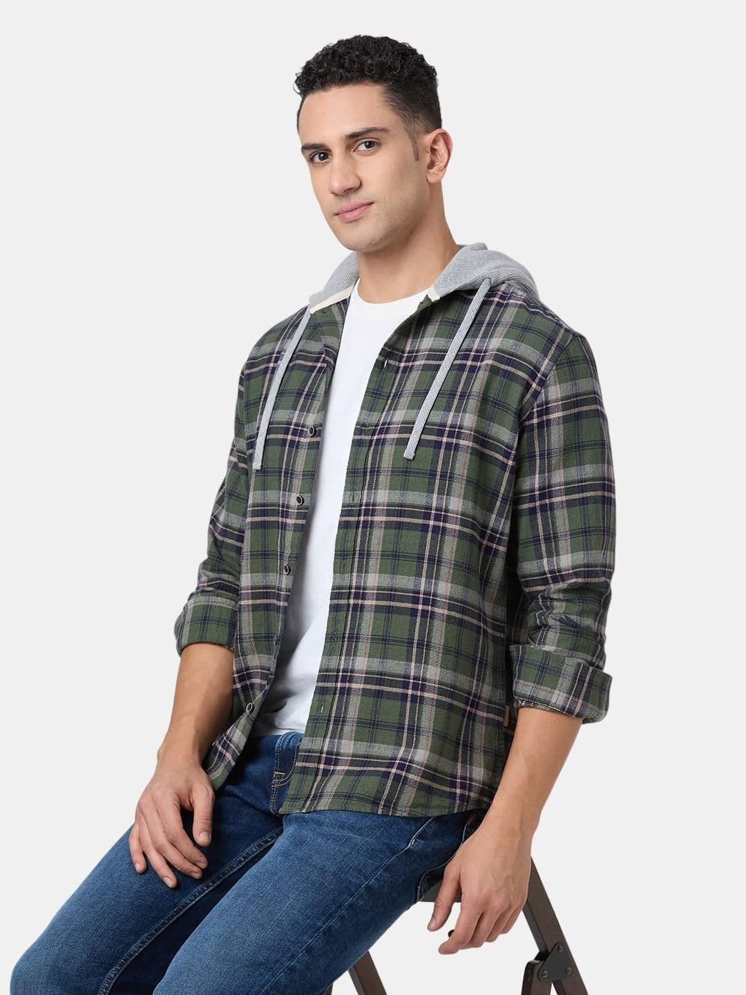 Pepe Jeans Men Standard Fit Checked Hooded Cotton Casual Shirt - view 1