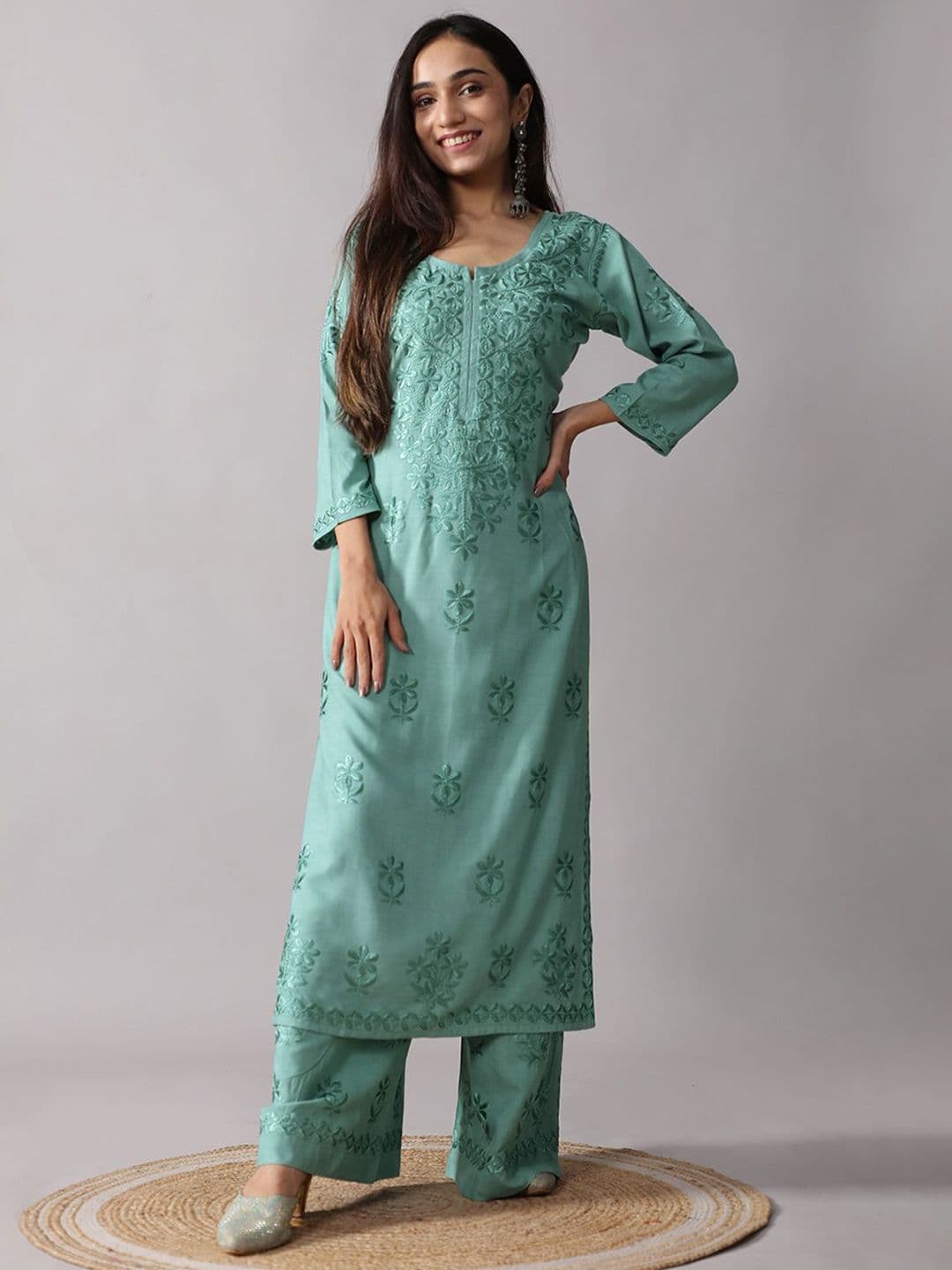 colorkosh Women Green Woven Design Embroidered Kurta with Palazzos Set - view 1