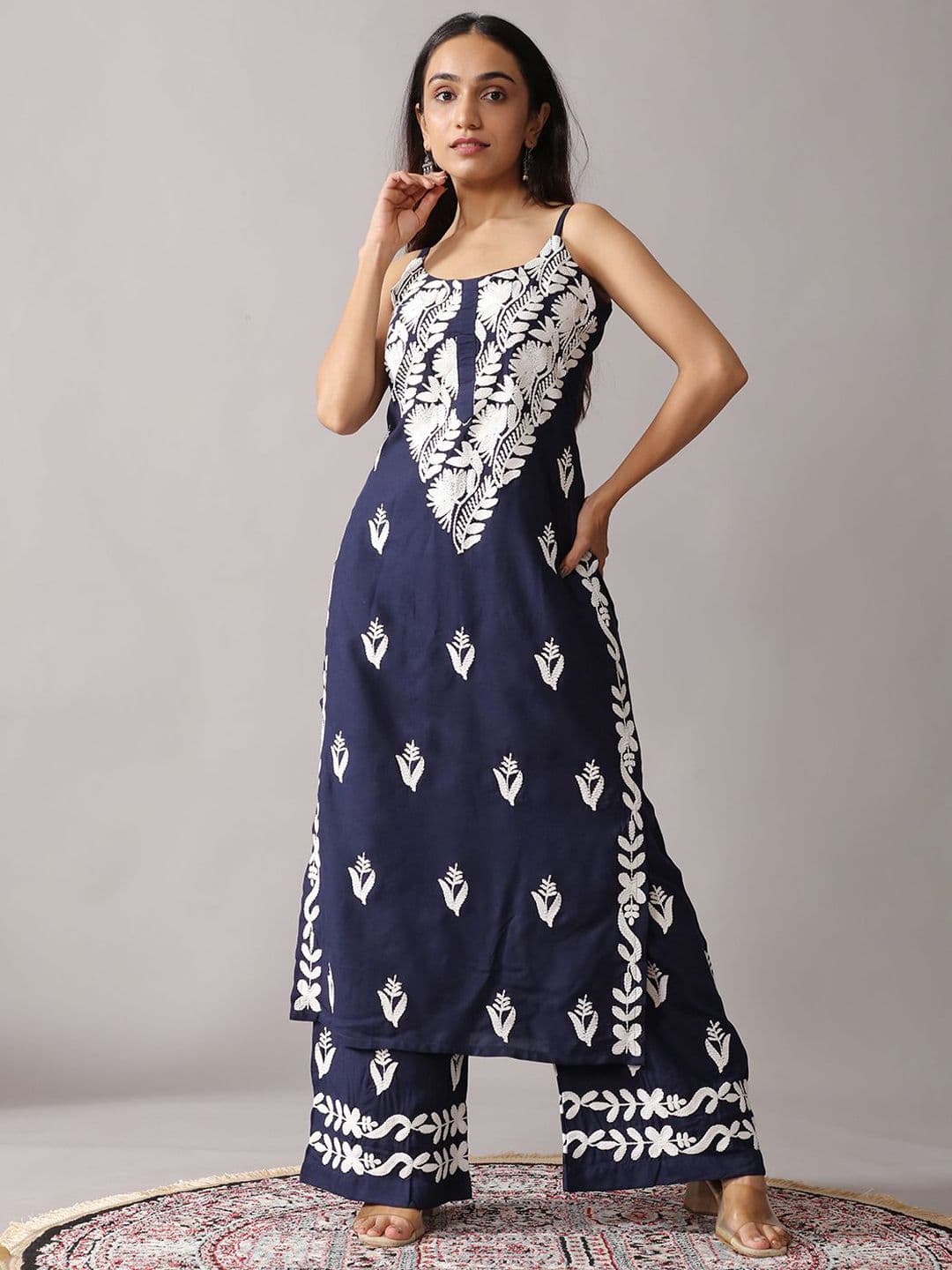 colorkosh Navy Blue Floral Embroidered Chikankari Scoop Neck Straight Kurta With Palazzos Set - view 1