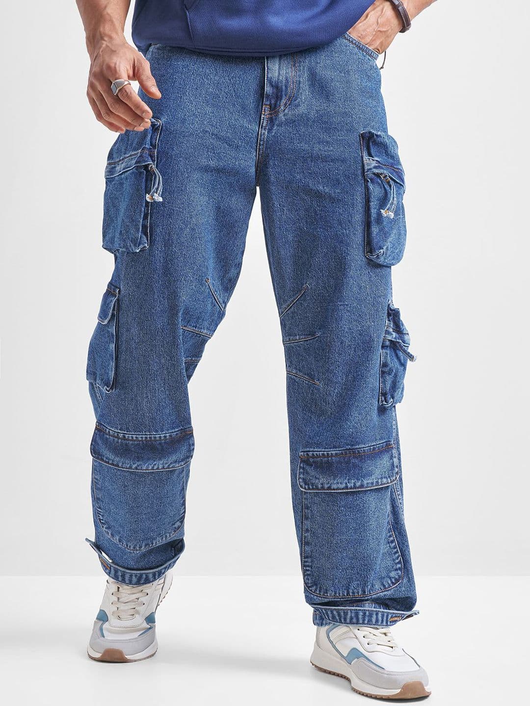 HIGHLANDER Men Blue High Rise Cargo Styles Baggy Fit Utility Jeans - view 1