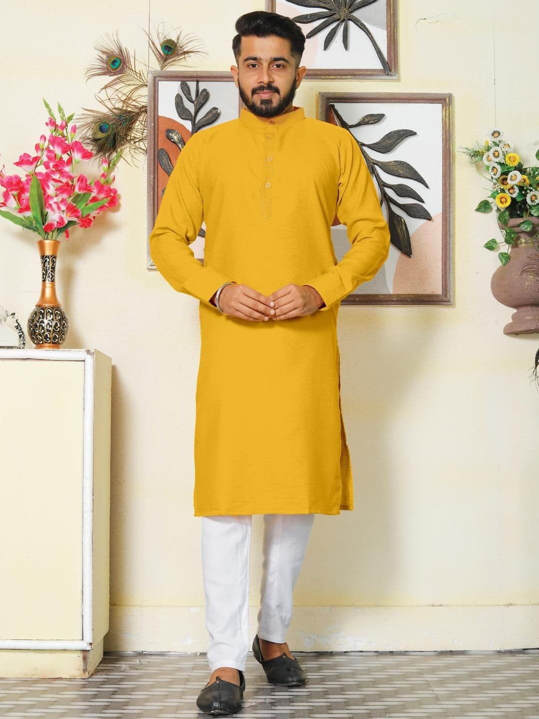 Archittam Men Cotton Mandarin Collar Knee Length Straight Kurta - view 1
