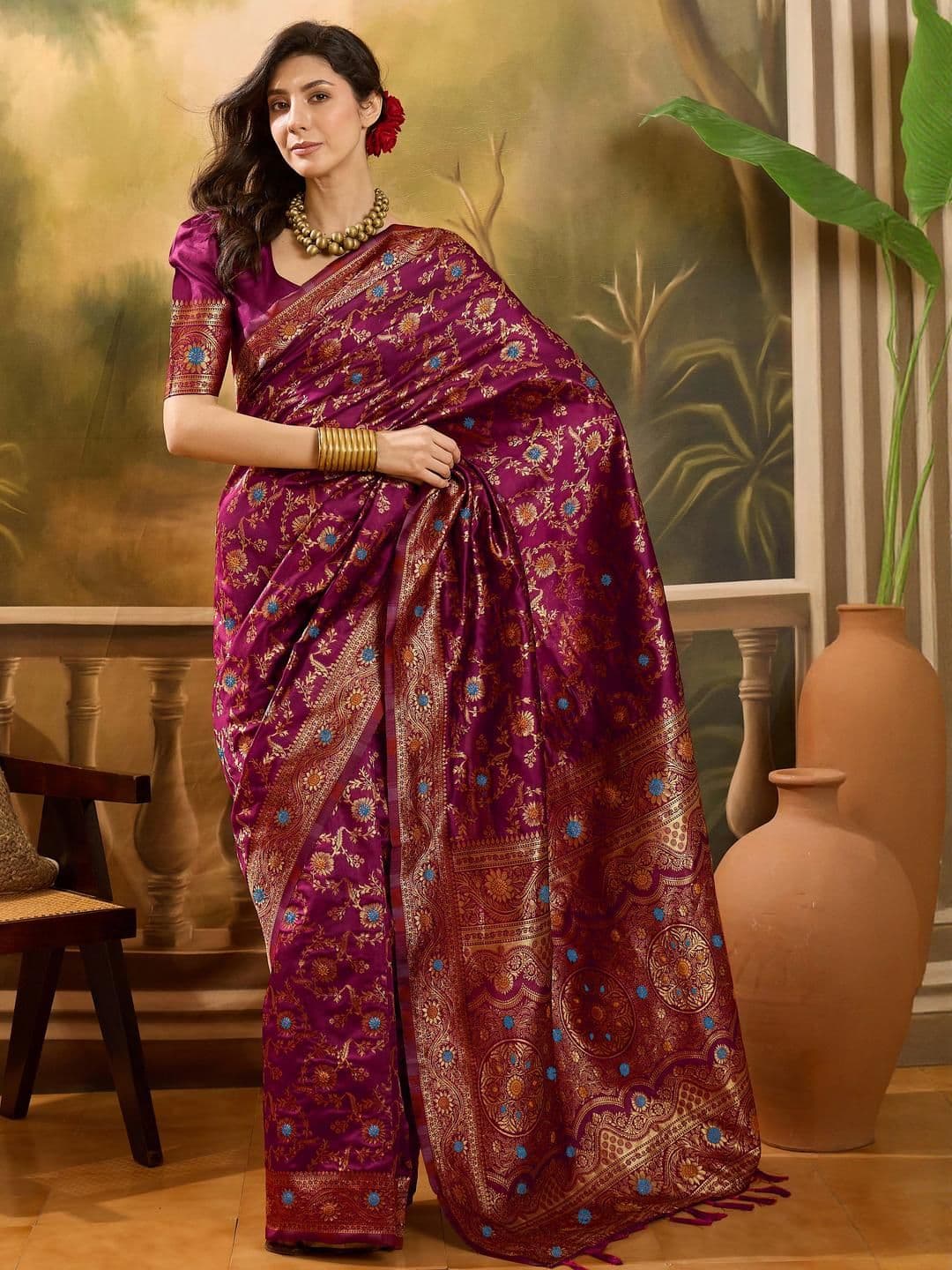 Sangria Magenta Woven Design Silk Blend Sarees - view 1