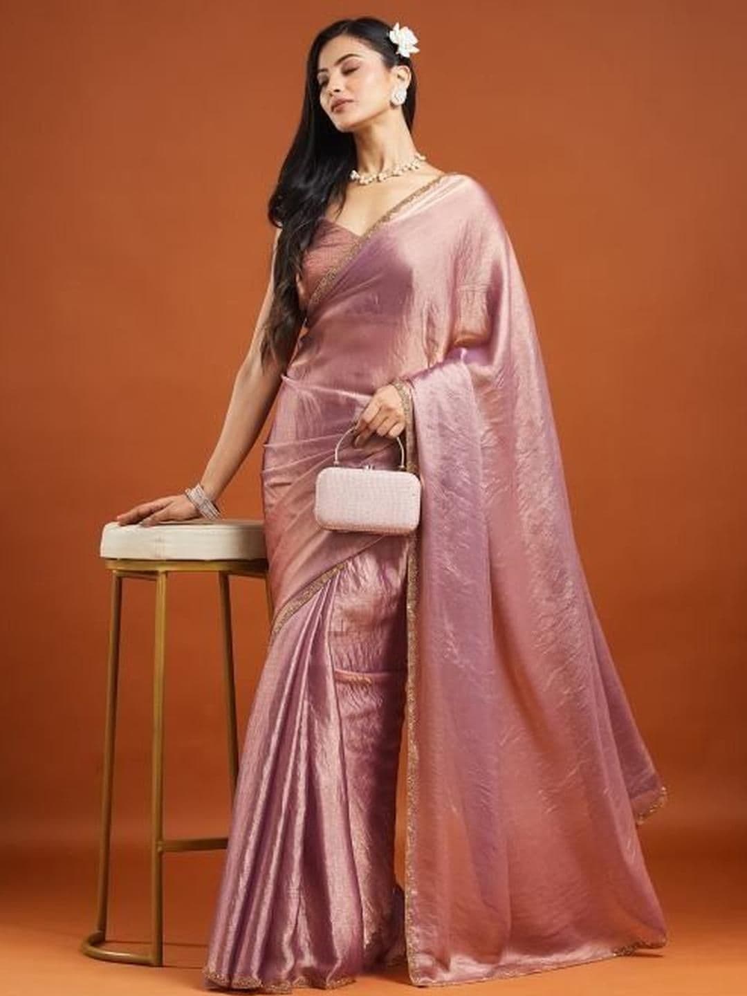 LOROFY Embellished Beads and Stones Chanderi Saree With Blouse Piece - view 1