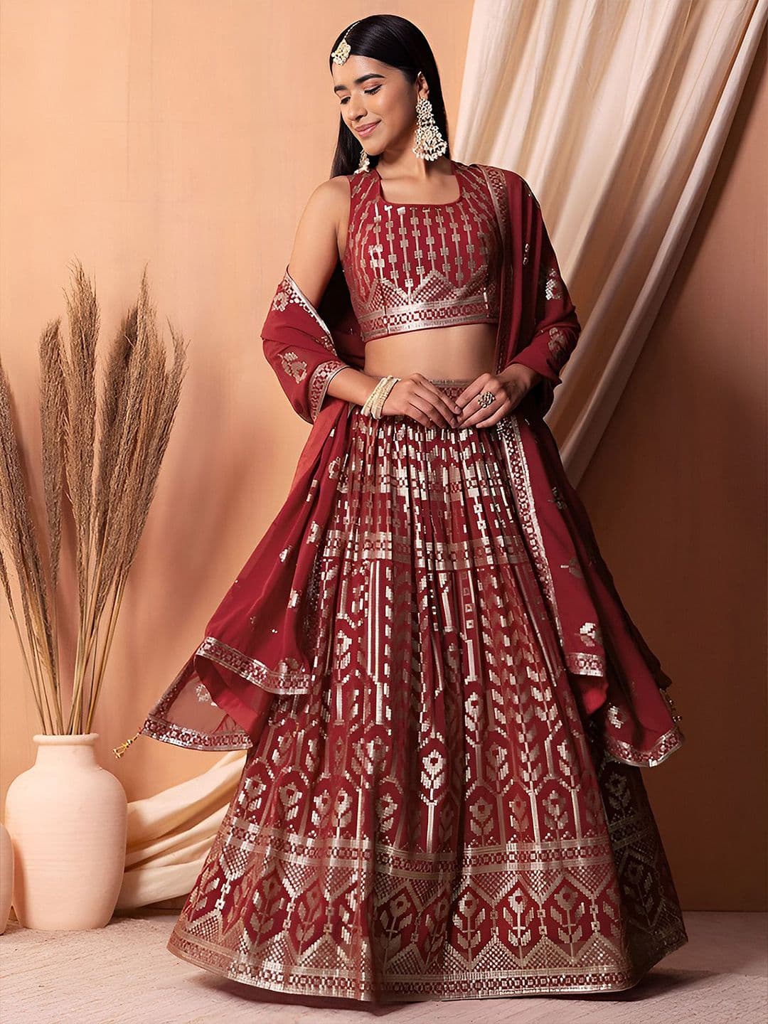 ETHNIC PLUS Maroon Embroidered Sequinned Semi-Stitched Georgette Lehenga & Blouse With Dupatta - view 1
