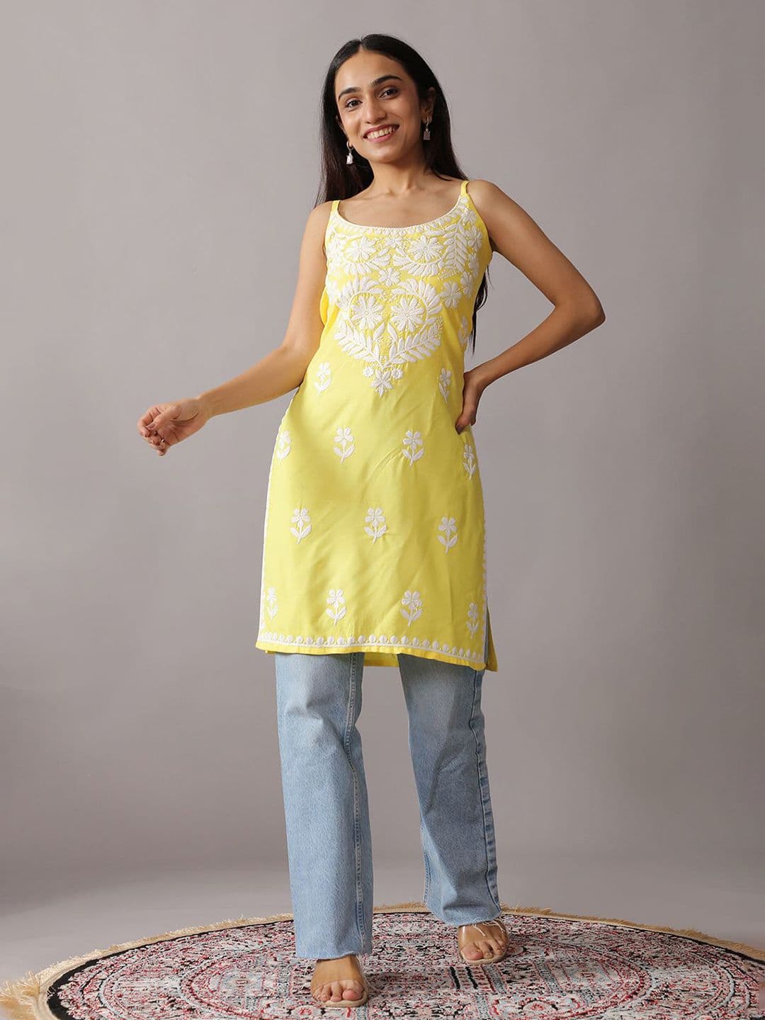 colorkosh Yellow Floral Embroidered Shoulder Straps Straight Rayon Kurta - view 1