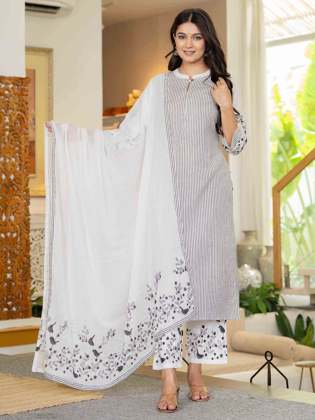 Pistaa Women Striped Regular Pure Cotton Kurta with Trousers & Dupatta - view 1