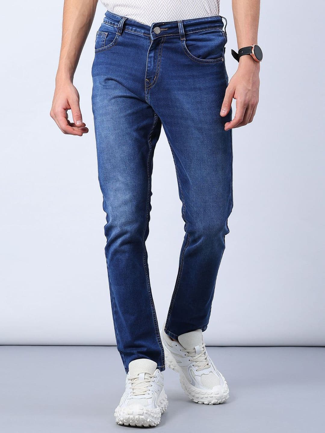 V-Mart Men Solid Cotton Knitted Denim Mid-Rise Jeans-Basic - view 1