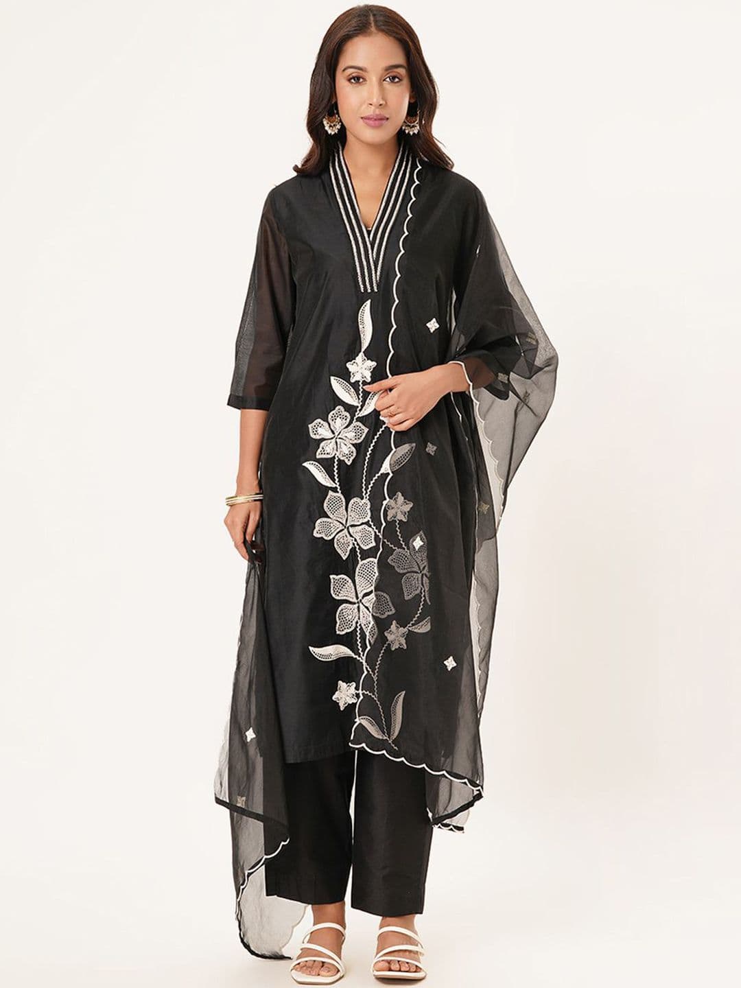 RANGMANCH BY PANTALOONS Floral Embroidered V-Neck Straight Kurta With Trousers & Dupatta - view 1