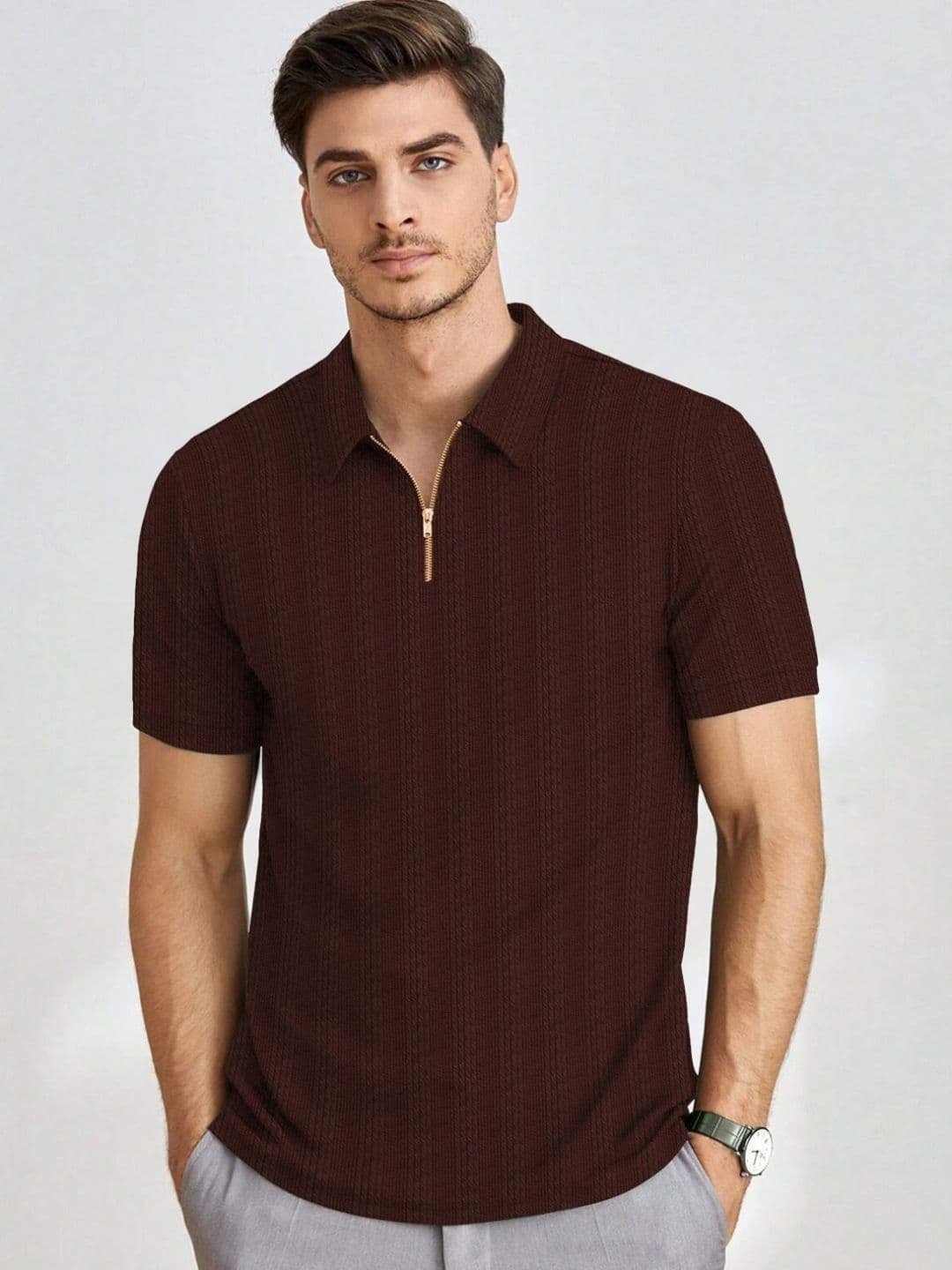 HAPPY KHAJANA Men Self Design Polo Collar T-shirt - view 1