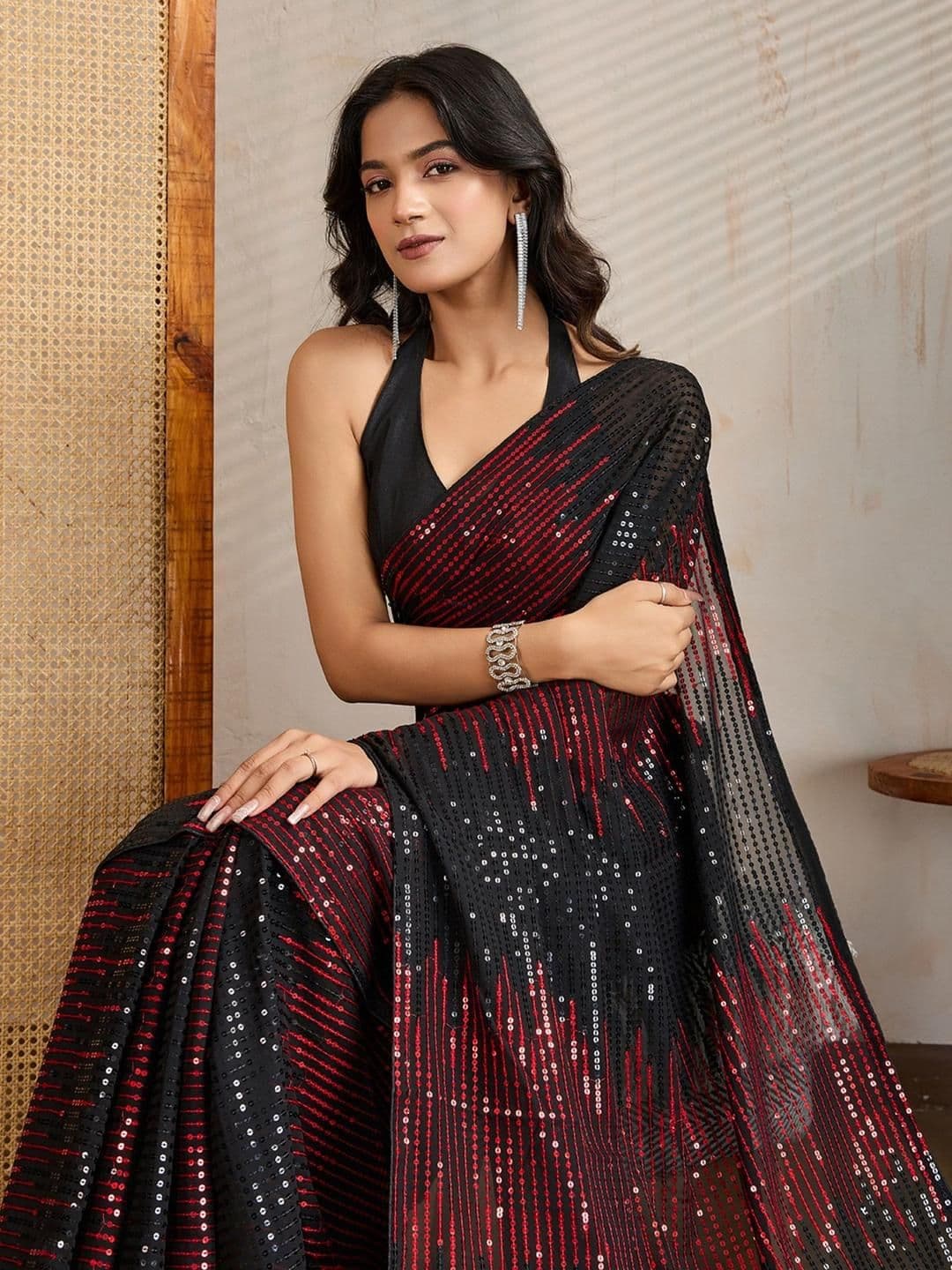FashionsEye Embellished Sequinned Pure Georgette Saree With Blouse Piece - view 1