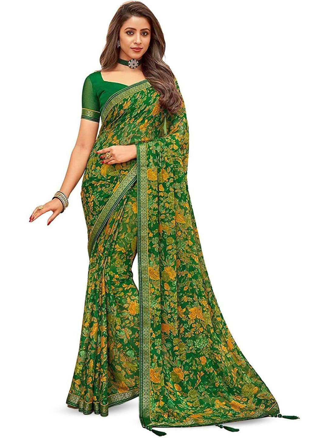 DURGA EMPORIO Floral Printed Zari Pure Chiffon Saree With Blouse - view 1
