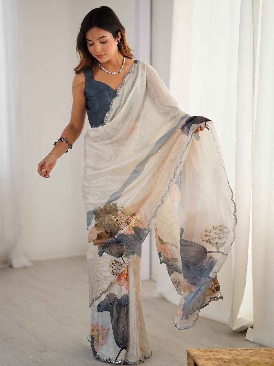 Mitera Floral Printed Mirror Work Pure Chiffon Saree With Blouse - view 1