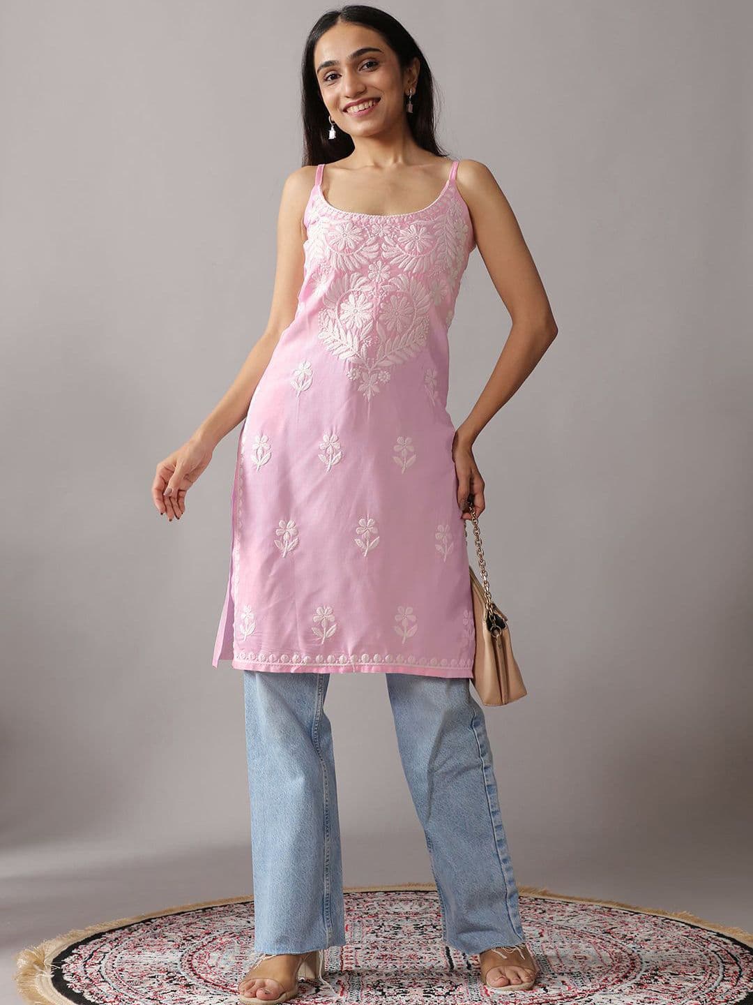 colorkosh Chikankari Embroidered Ethnic Motifs Silk Straight Above Knee Kurta - view 1
