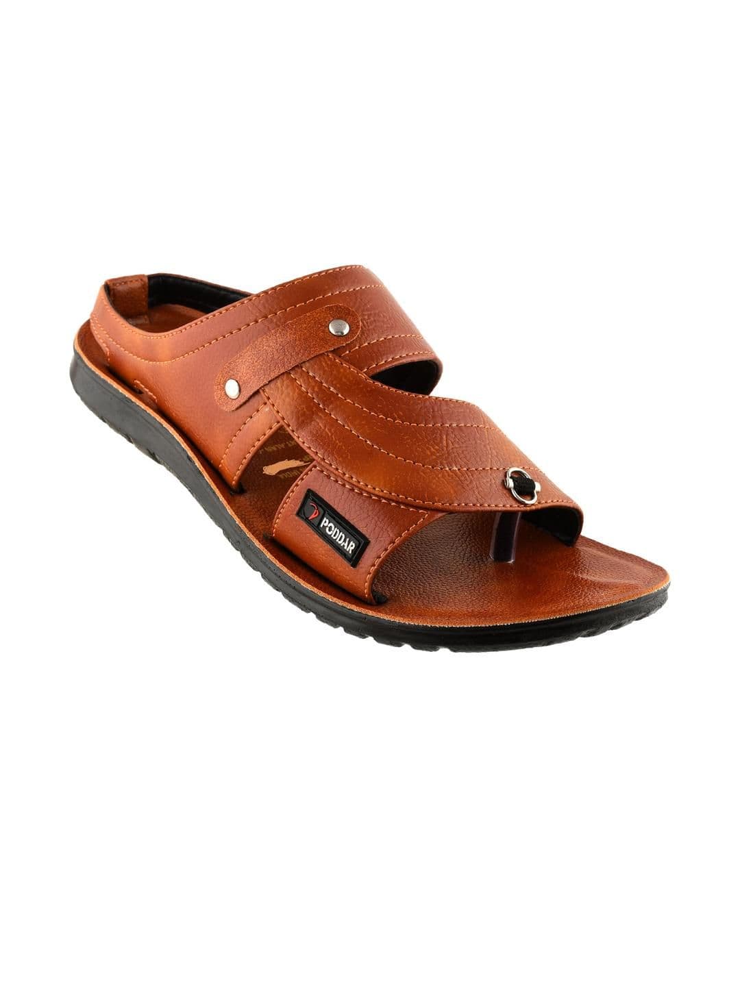 Poddar Men Tan Textured Open-Toe Slip-On Sliders with Buckle Sandal - view 1